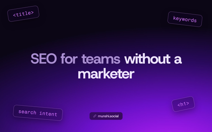 Purple gradient with floating SEO tag chips around the title SEO for teams without a marketer