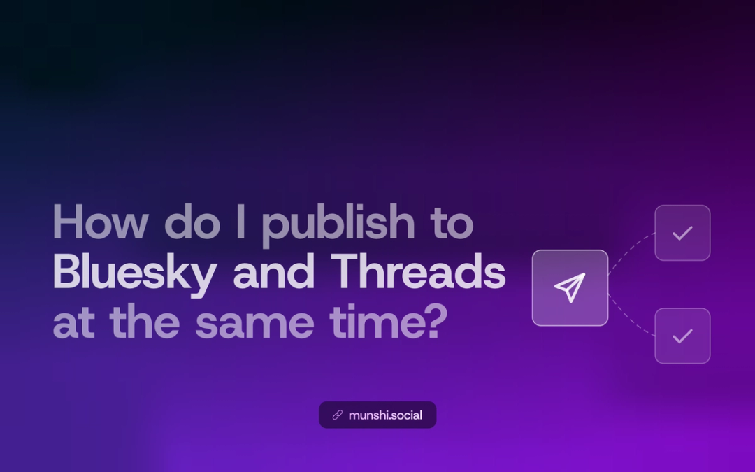 Article cover reading How do I publish to Bluesky and Threads at the same time, with a send icon linked to two confirmation tiles.