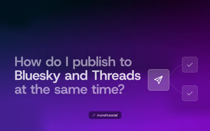 Article cover reading How do I publish to Bluesky and Threads at the same time, with a send icon linked to two confirmation tiles.