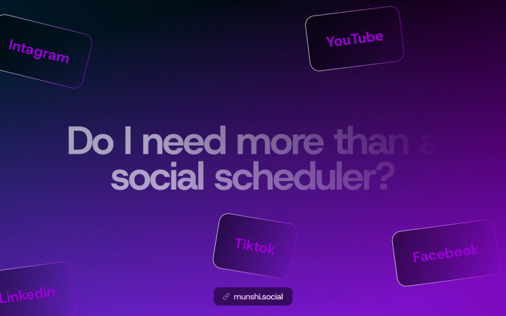 Dark purple gradient with floating cards naming social platforms around the question