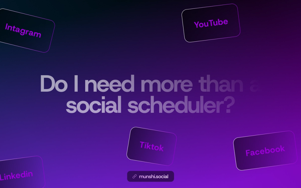 Dark purple gradient with floating cards naming social platforms around the question