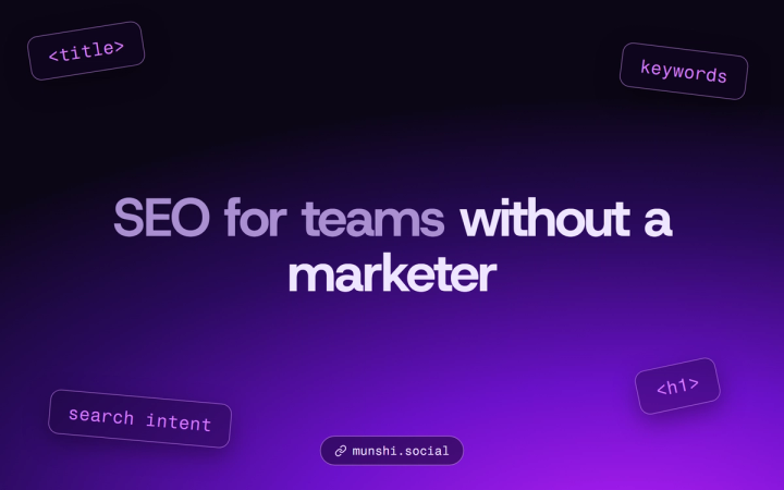 Purple gradient with floating SEO tag chips around the title SEO for teams without a marketer