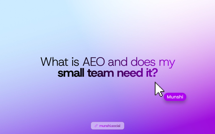 Blue to purple gradient with a cursor and a Munshi pill beside the question about AEO