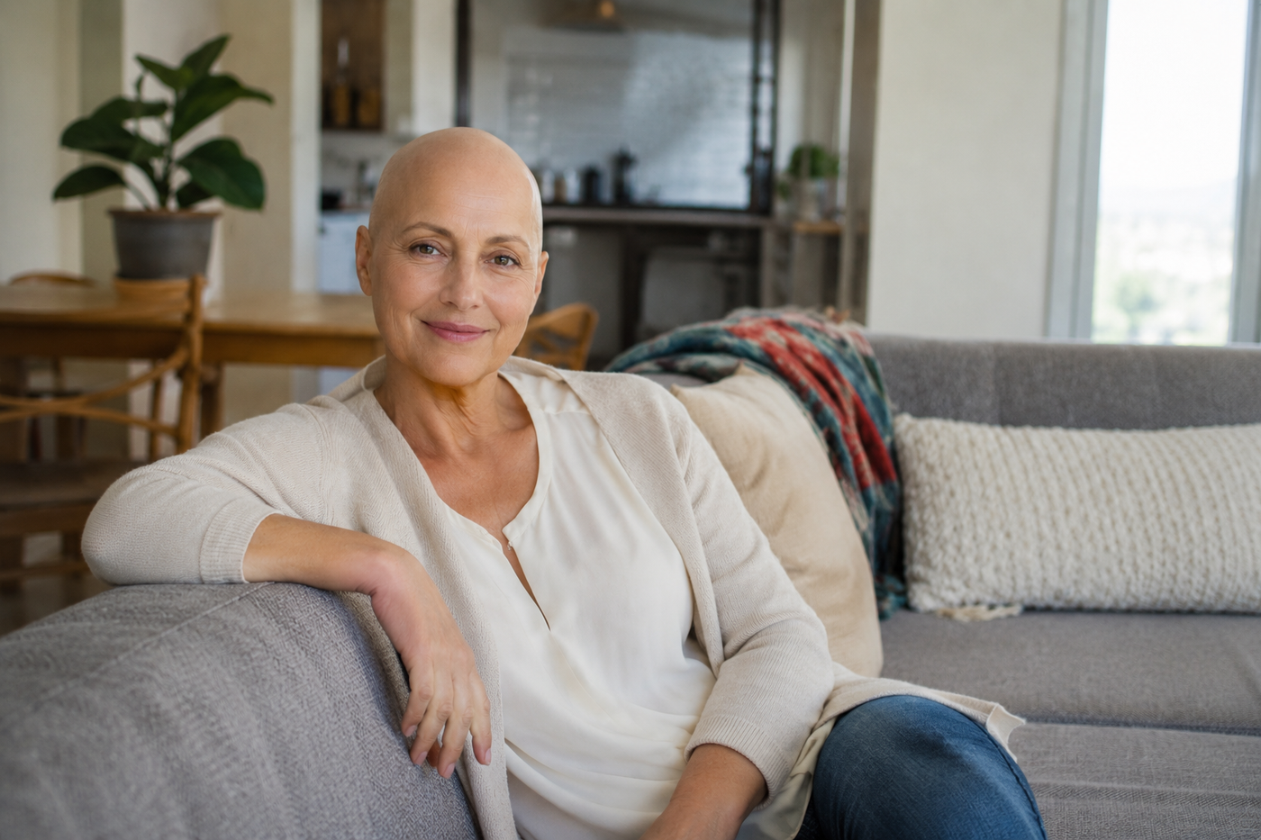 A woman who has completed cancer treatment, calm and smiling in her own home