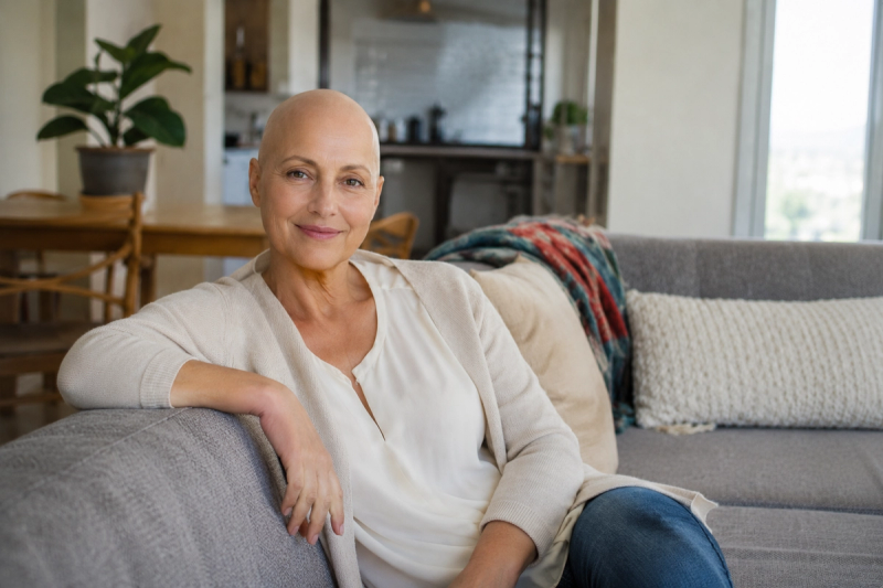 A woman who has completed cancer treatment, calm and smiling in her own home