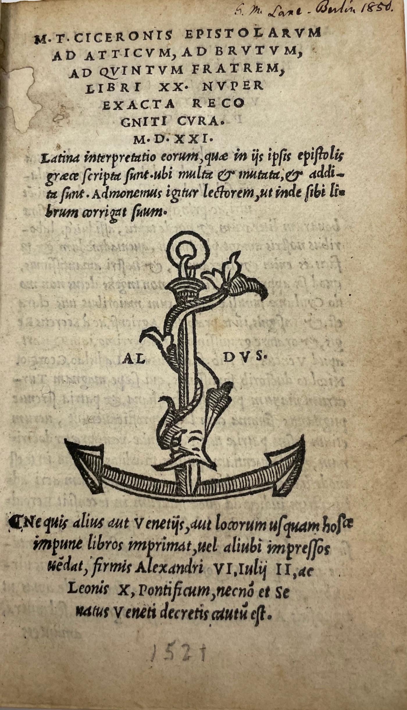 Aldine Edition of Cicero’s Letters to Atticus