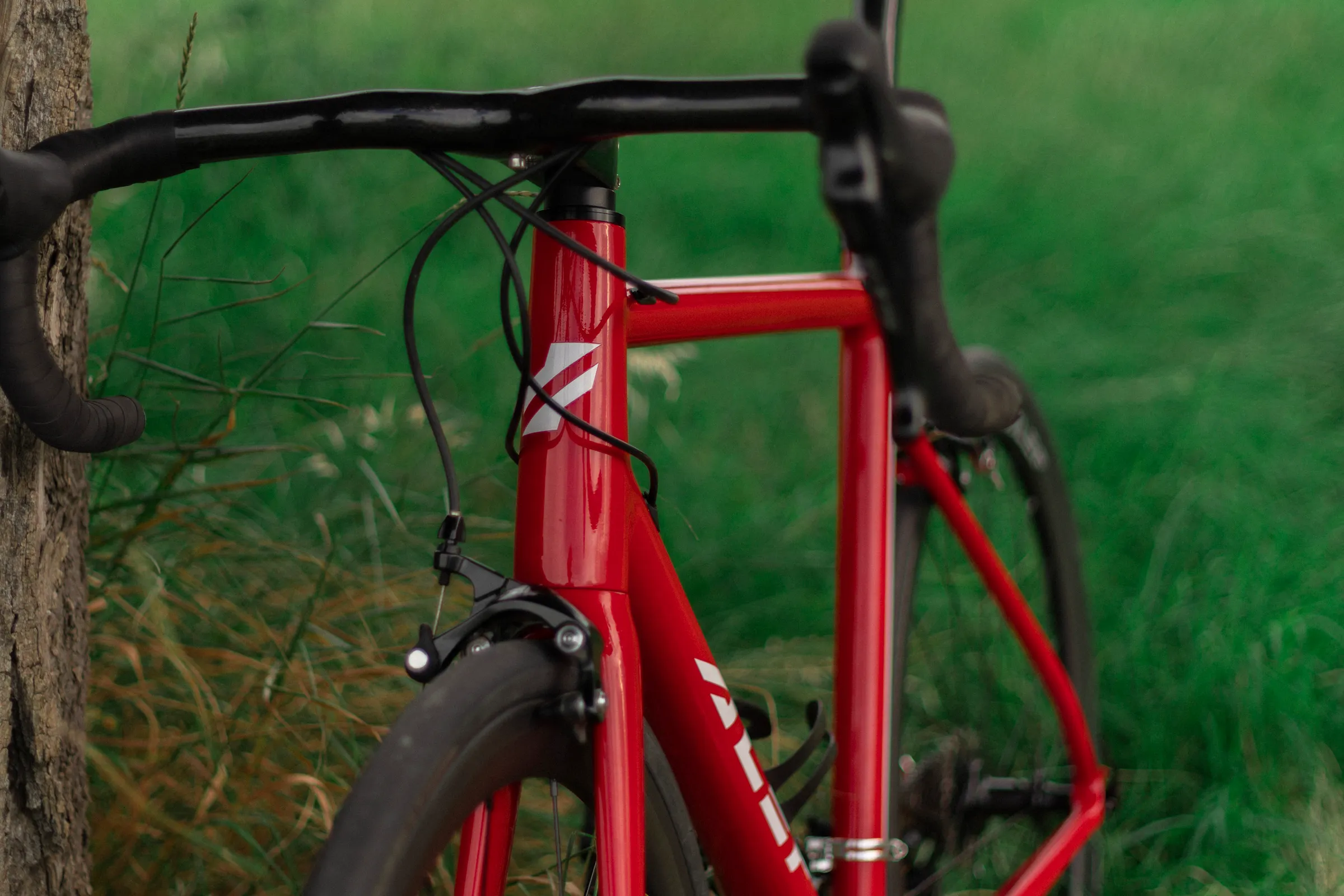 Red race bike detail in an italian grass field