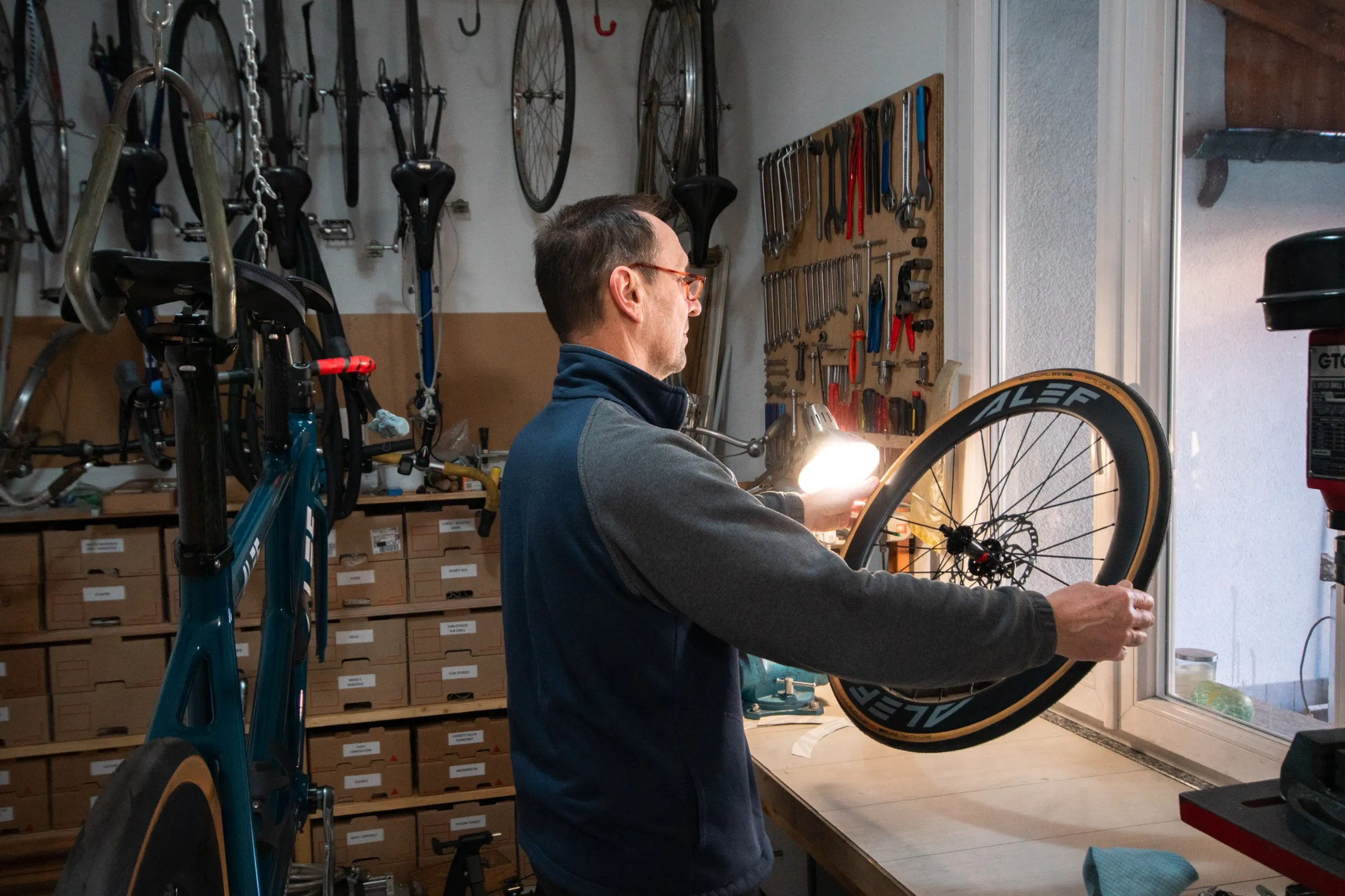 Alberto looking at one of our handmade tandem specific wheels