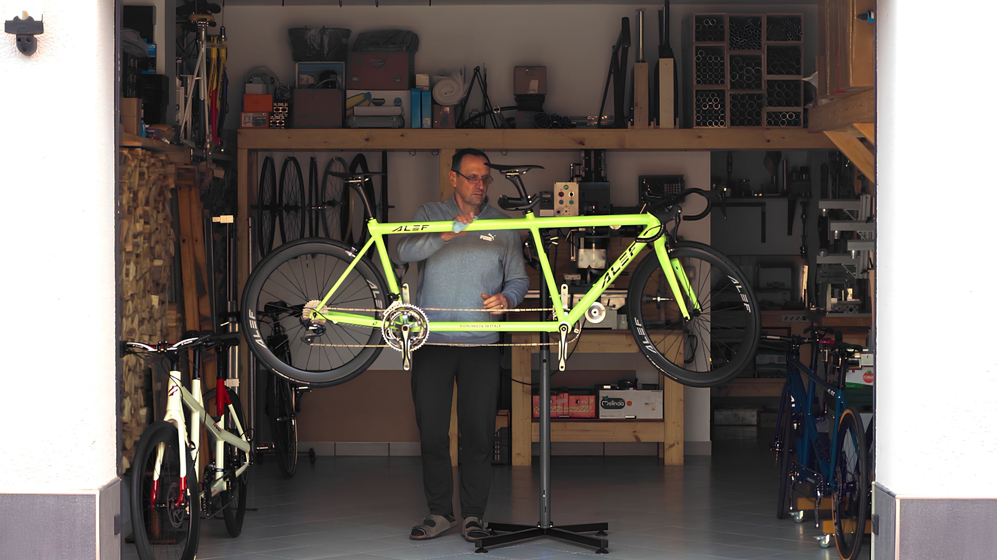 Alef founder Alberto, cleaning up a tandem inside his working station