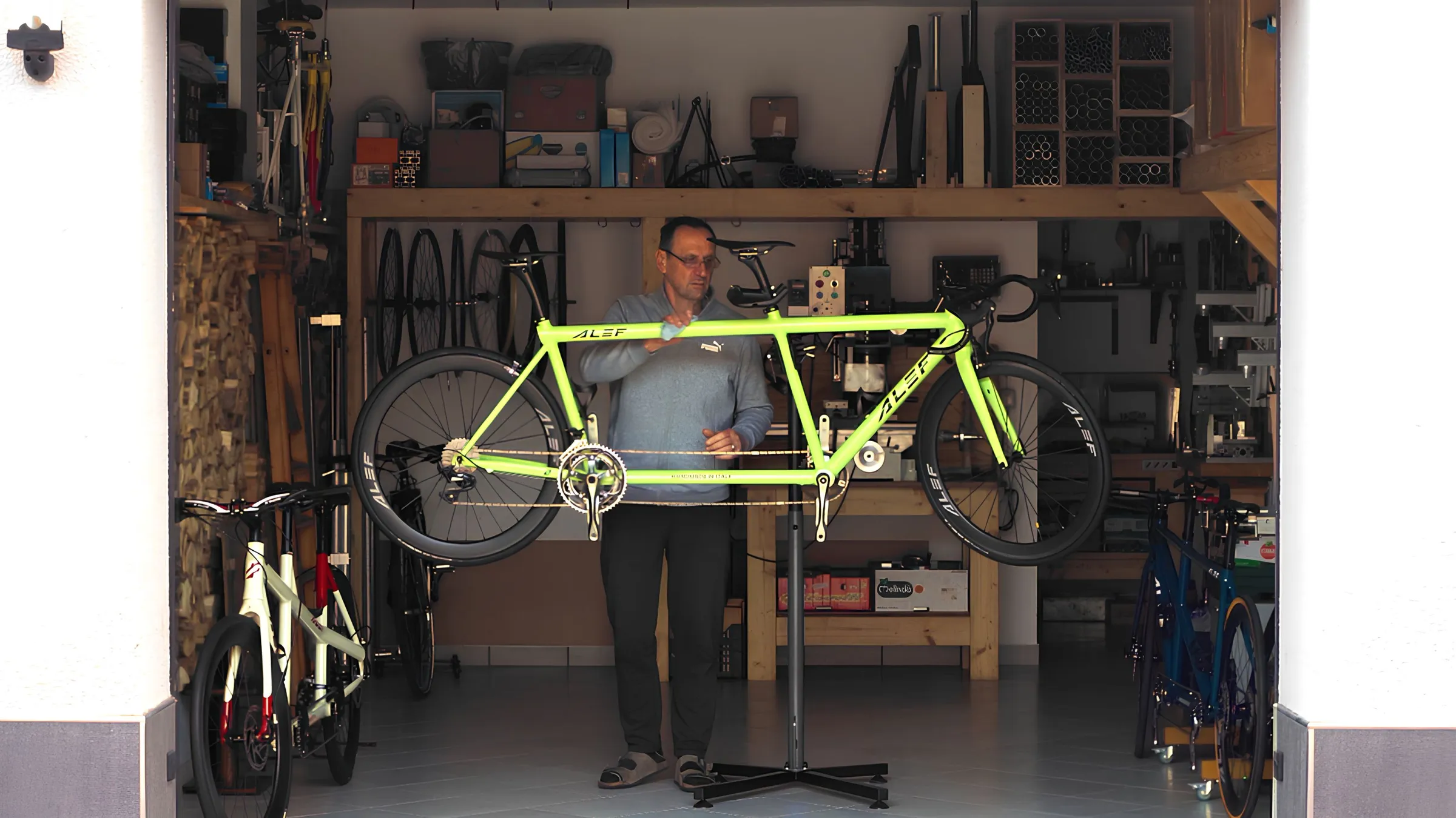 Alef founder Alberto, cleaning up a tandem inside his working station