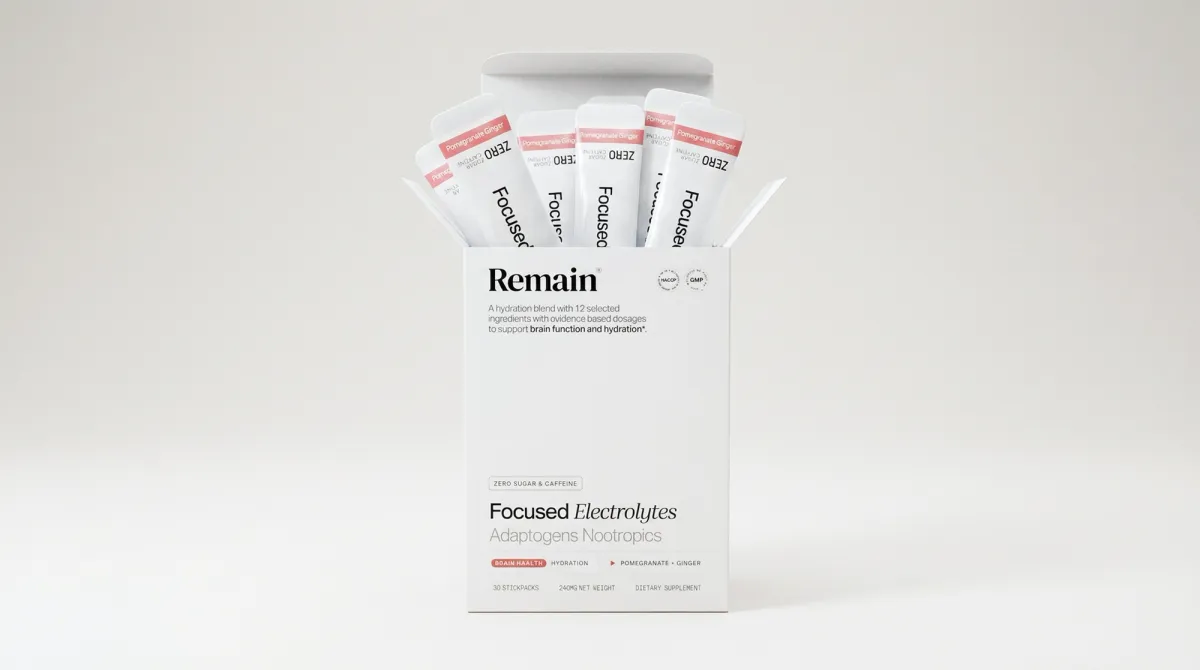 Produktbild av Remain Focused Electrolytes i box med portionspåsar