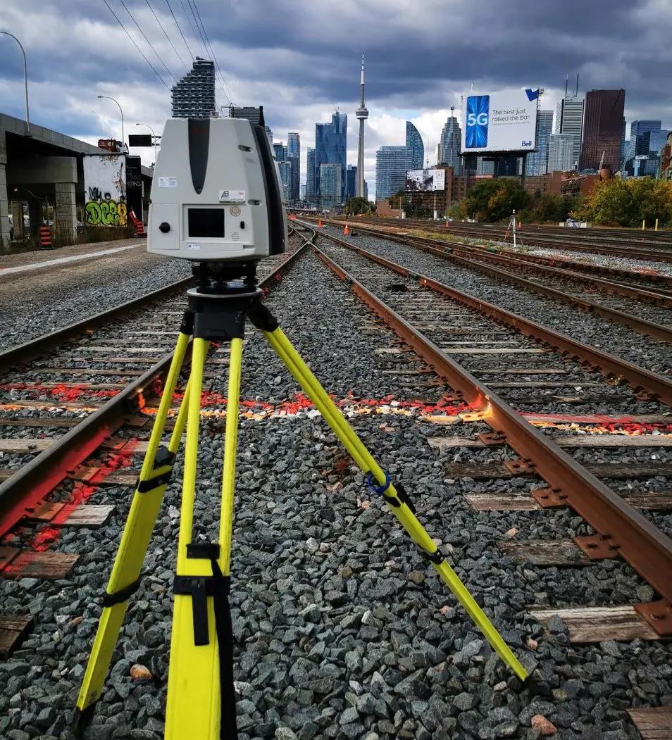 Static LiDAR scanner set up on rail tracks in Toronto.