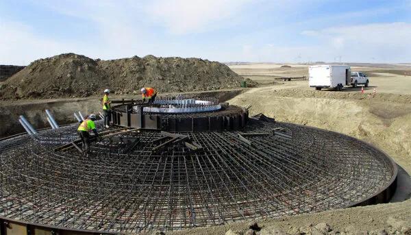 Construction of a reinforced wind turbine foundation.