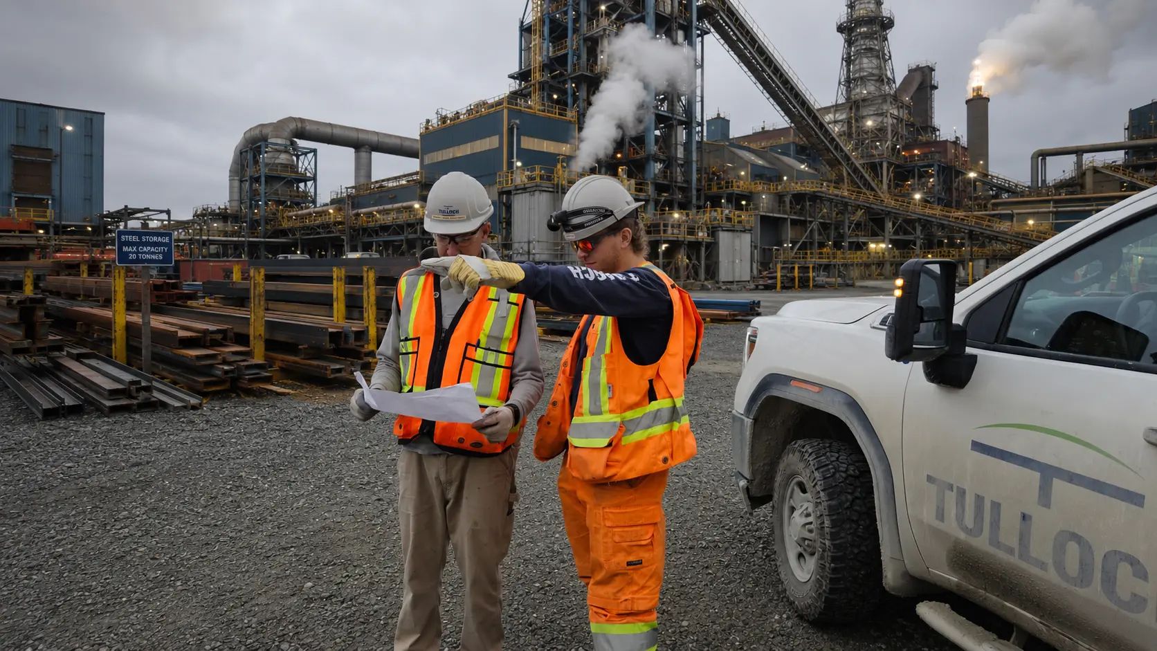 TULLOCH field staff reviewing conditions at an industrial facility beside a company truck.