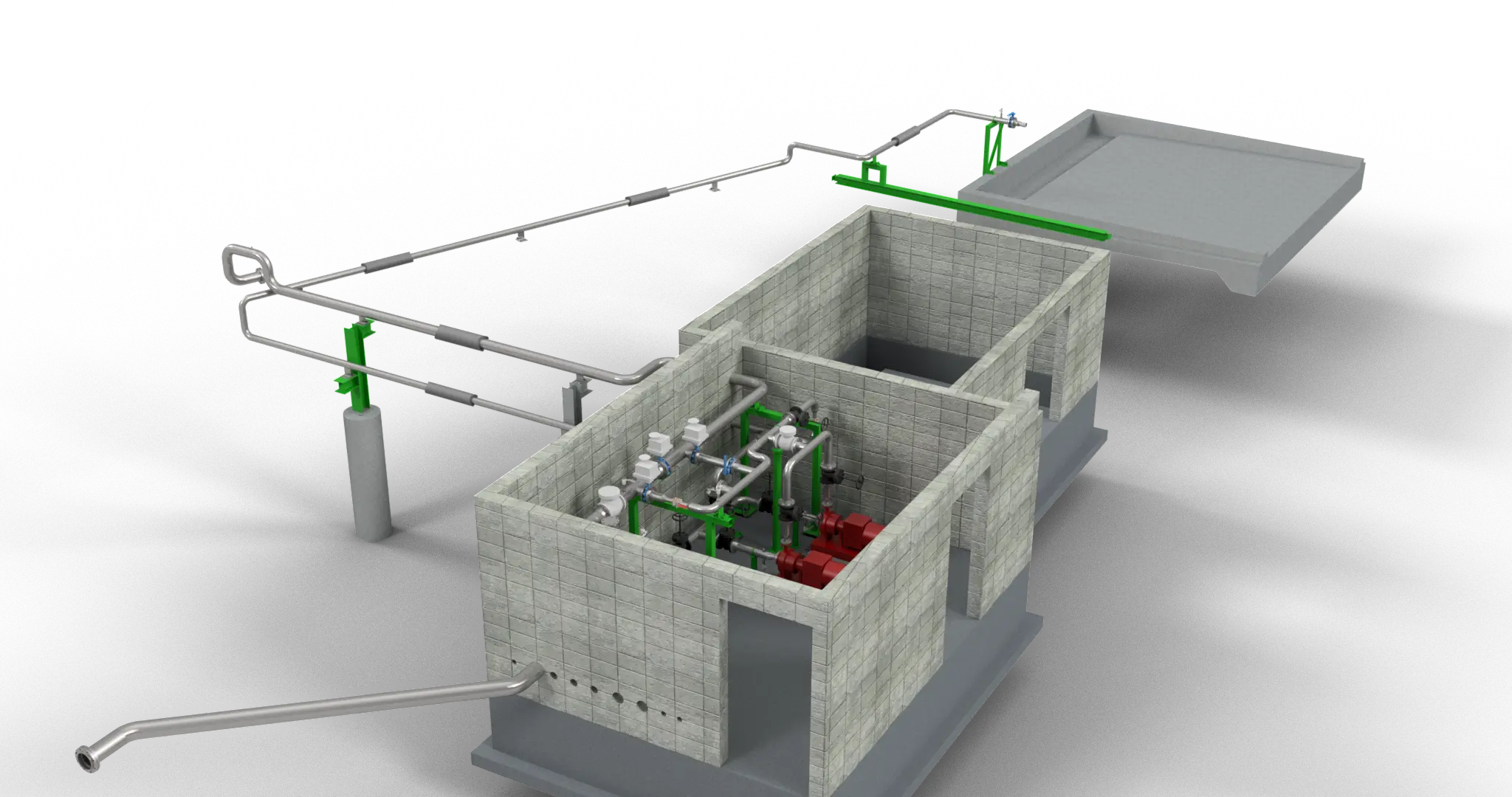 3D cutaway model of a pump house with mechanical equipment and piping.