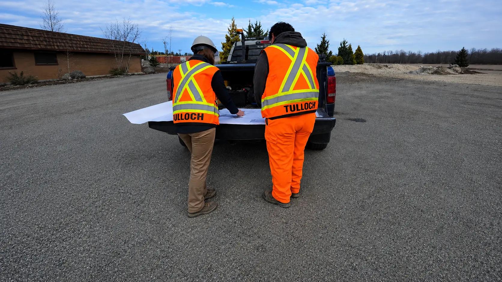Two technicians reviewing plans on truck tailgate.