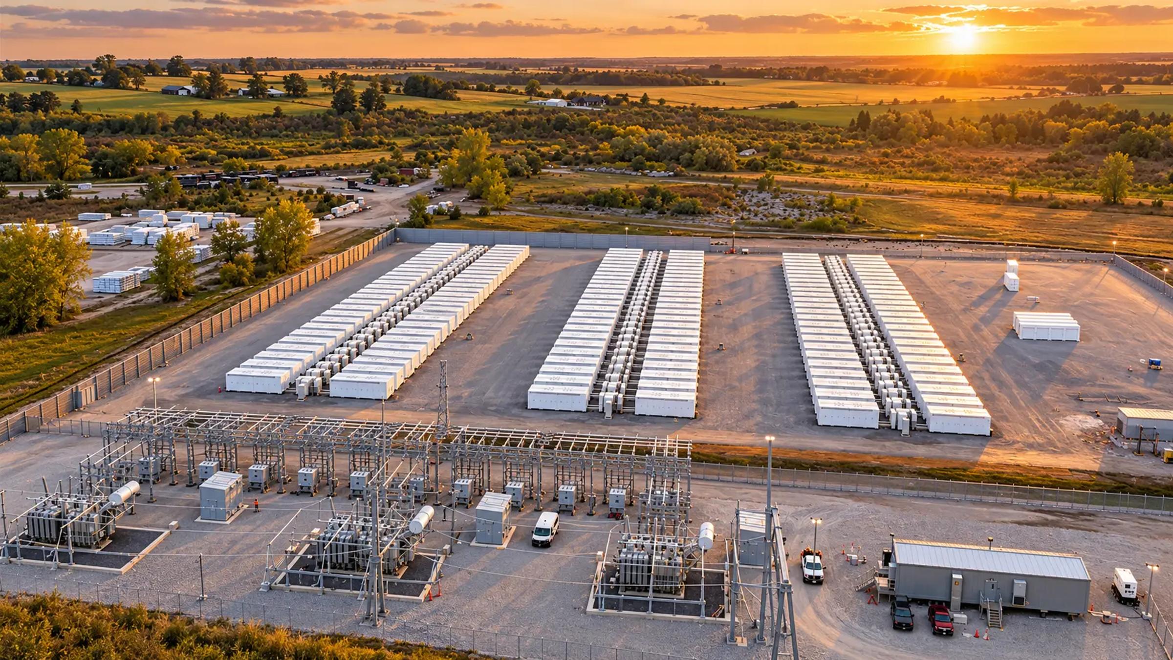 Aerial view of battery storage equipment and site infrastructure at Hagersville BESS.