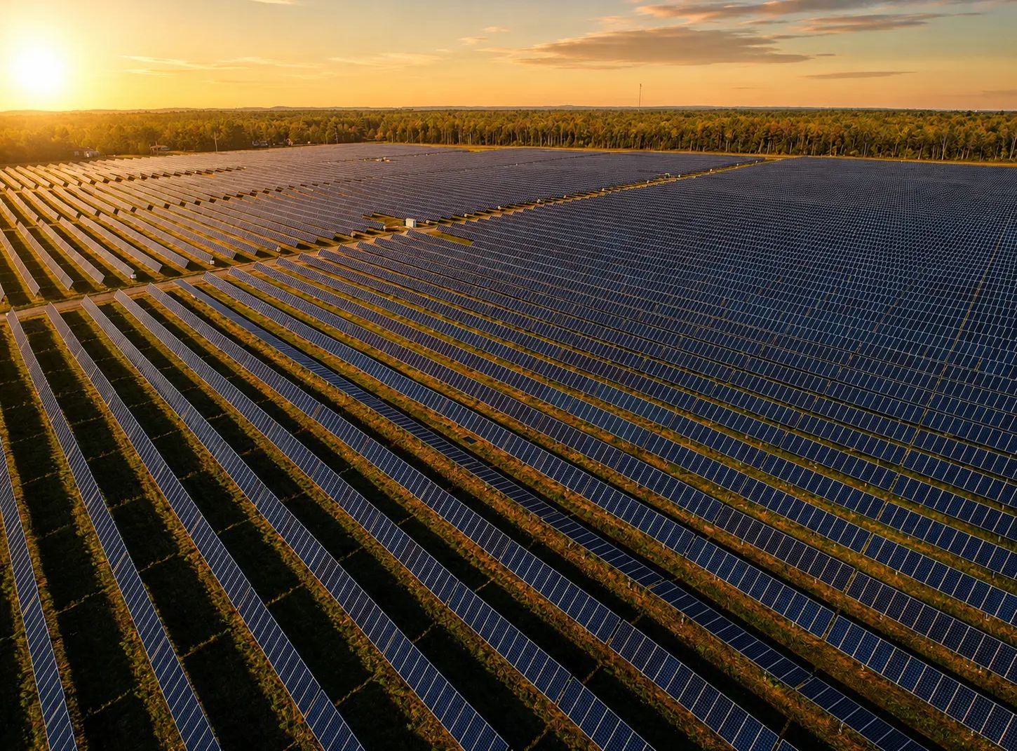 Aerial view of the Travers Solar project at sunset.