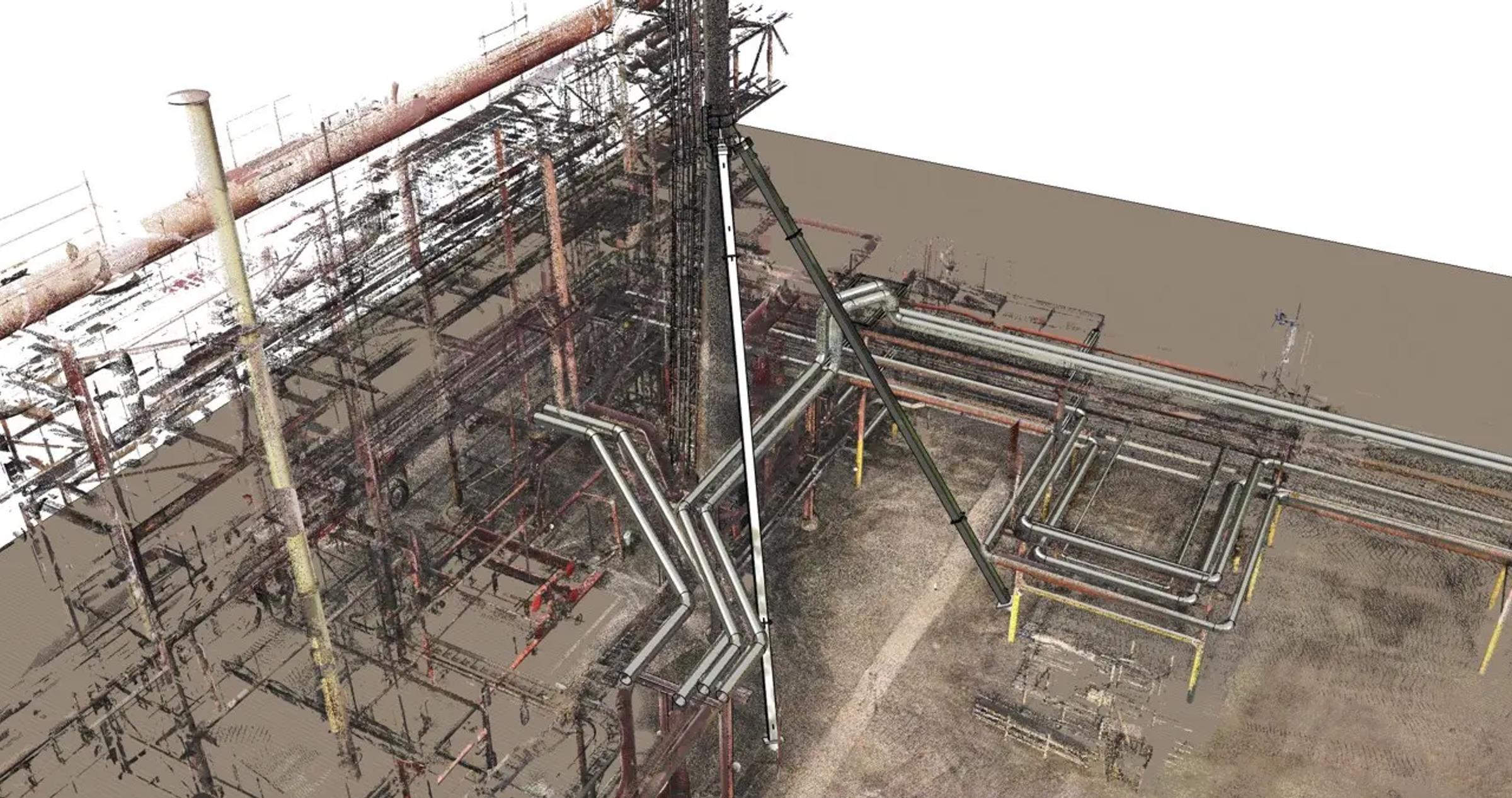 3D model of structural steel framing and industrial equipment.