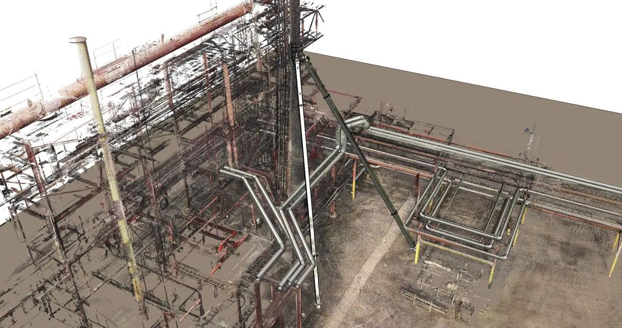 3D model of structural steel framing and industrial equipment.