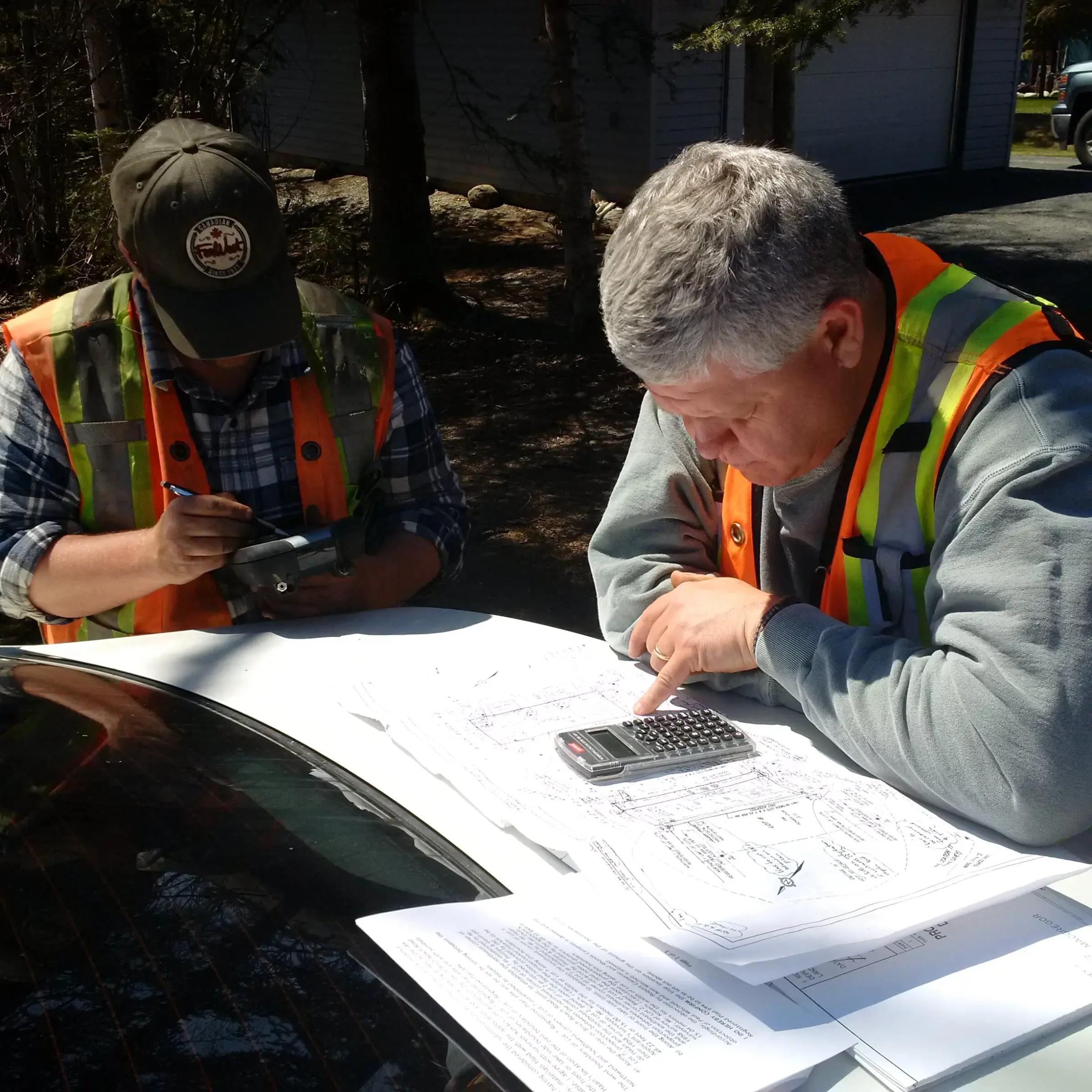 TULLOCH surveyors reviewing plans during a boundary survey.