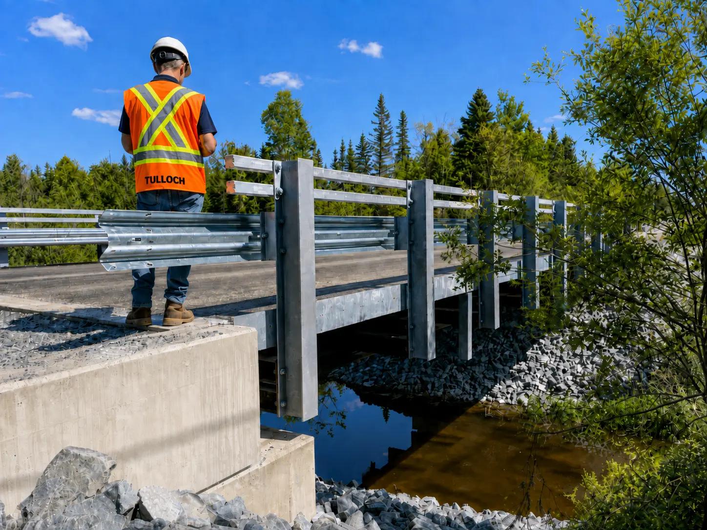 Small bridge or culvert crossing with new railings and concrete work.