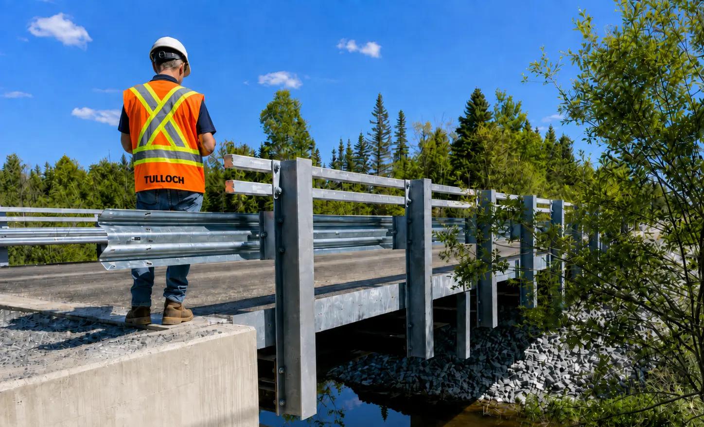 Small bridge or culvert crossing with new railings and concrete work.