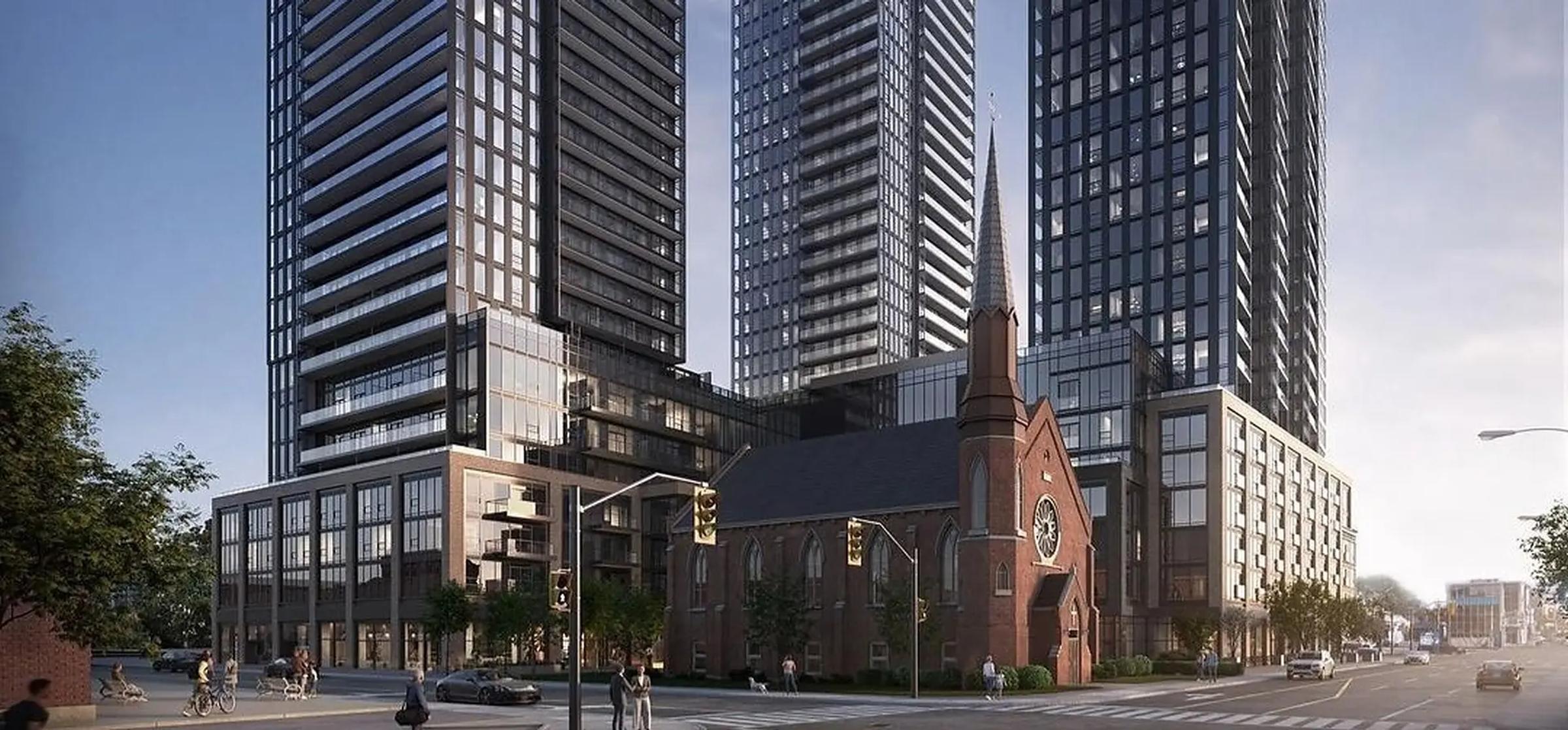Street-level rendering of the Design District 41 towers and heritage building in downtown Hamilton.