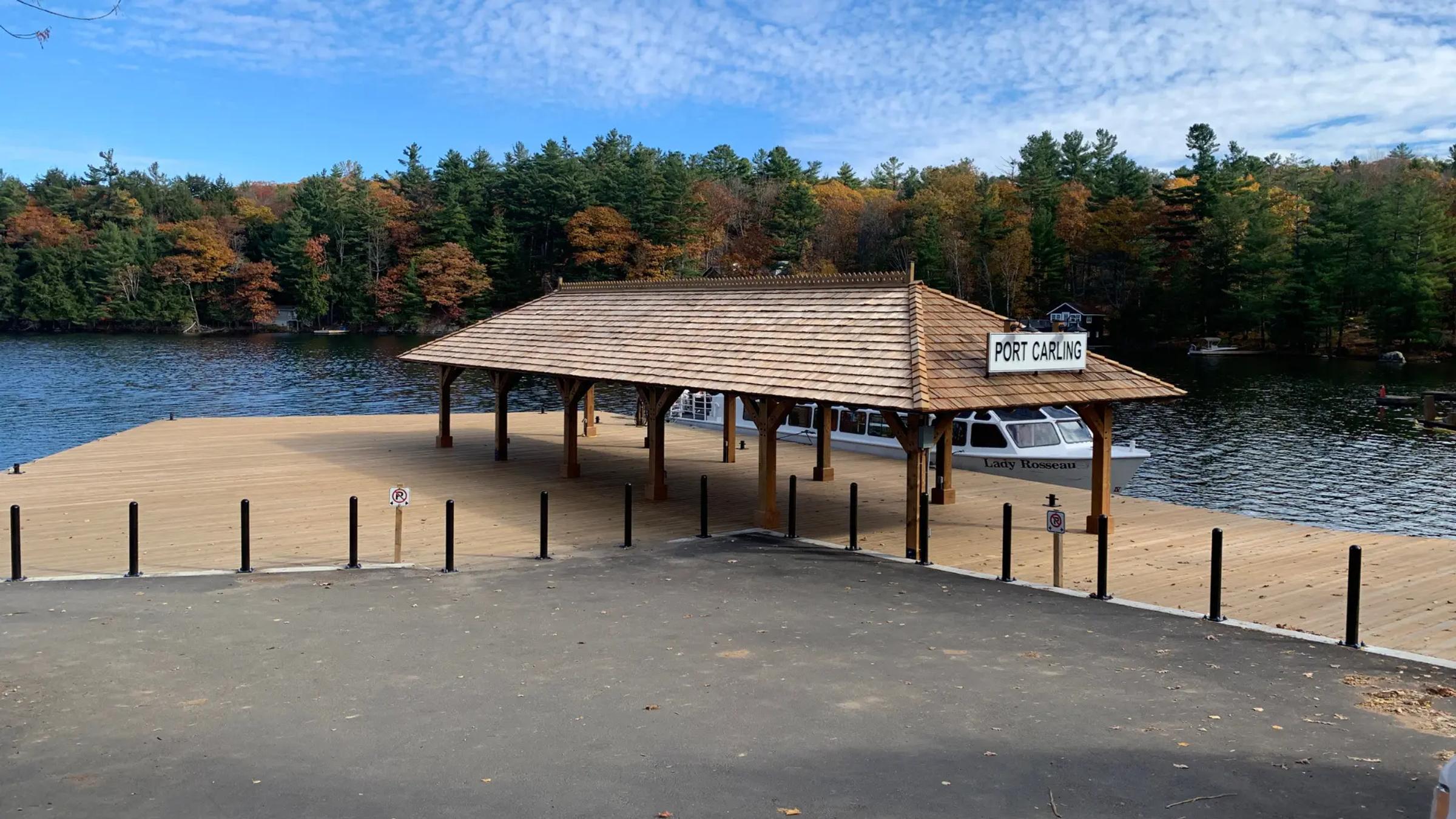Completed Port Carling dock and pavilion beside the waterfront.