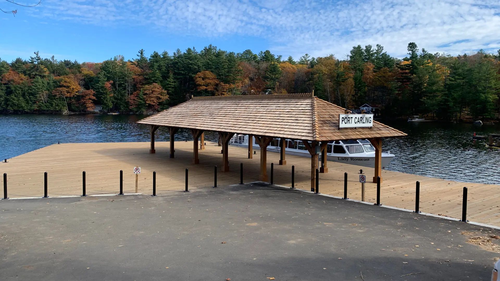 Completed Port Carling dock and pavilion beside the waterfront.