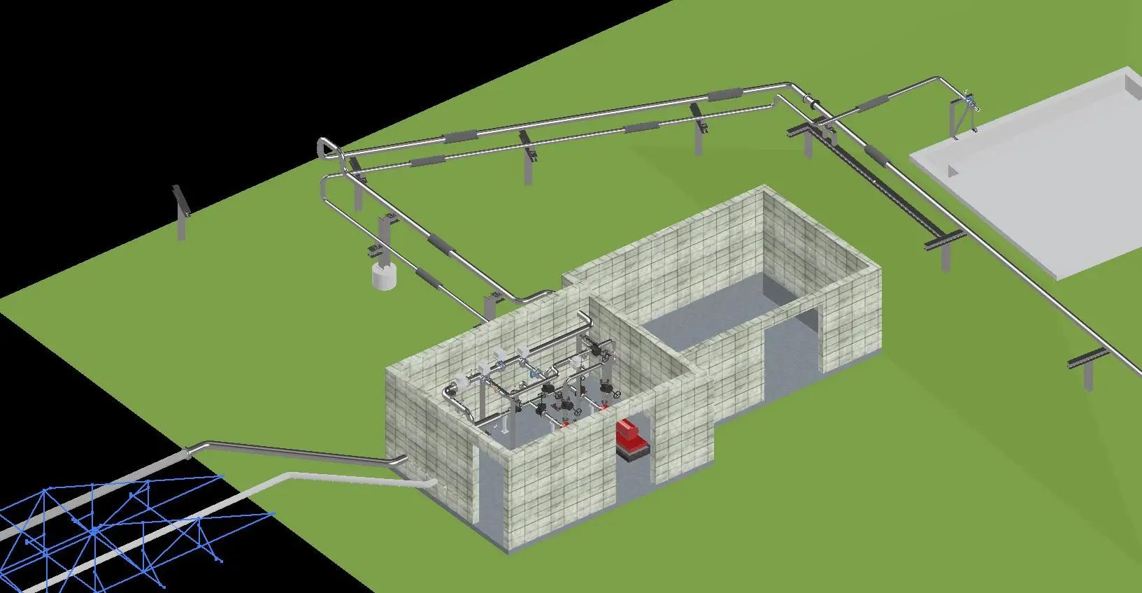 3D model of a pump house piping assembly and building layout.