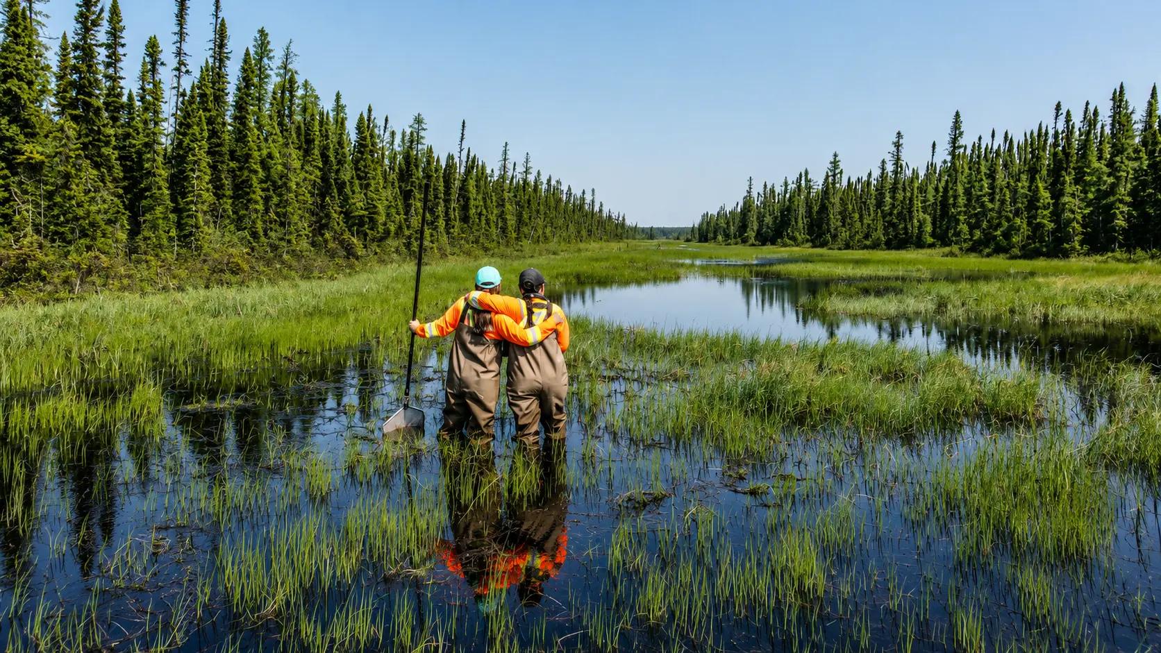 TULLOCH environmental field technicians working in a wetland during field assessment.