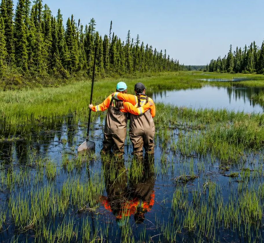 TULLOCH environmental field technicians working in a wetland during field assessment.