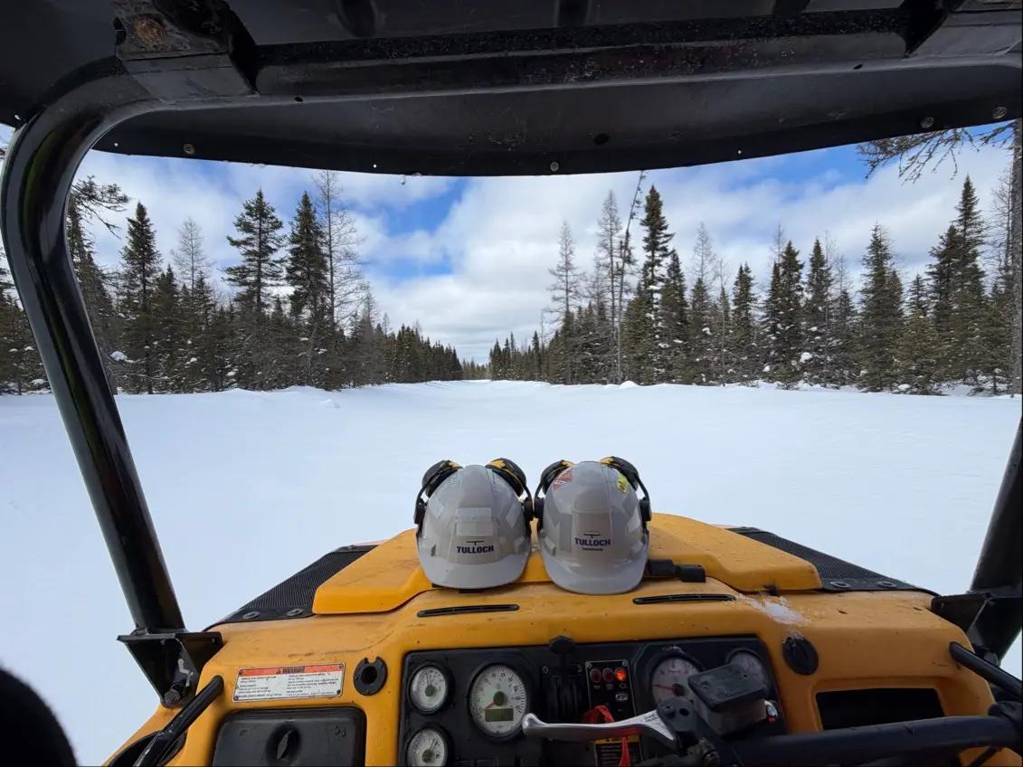Winter field access during geotechnical investigations at the Crawford Project near Timmins.