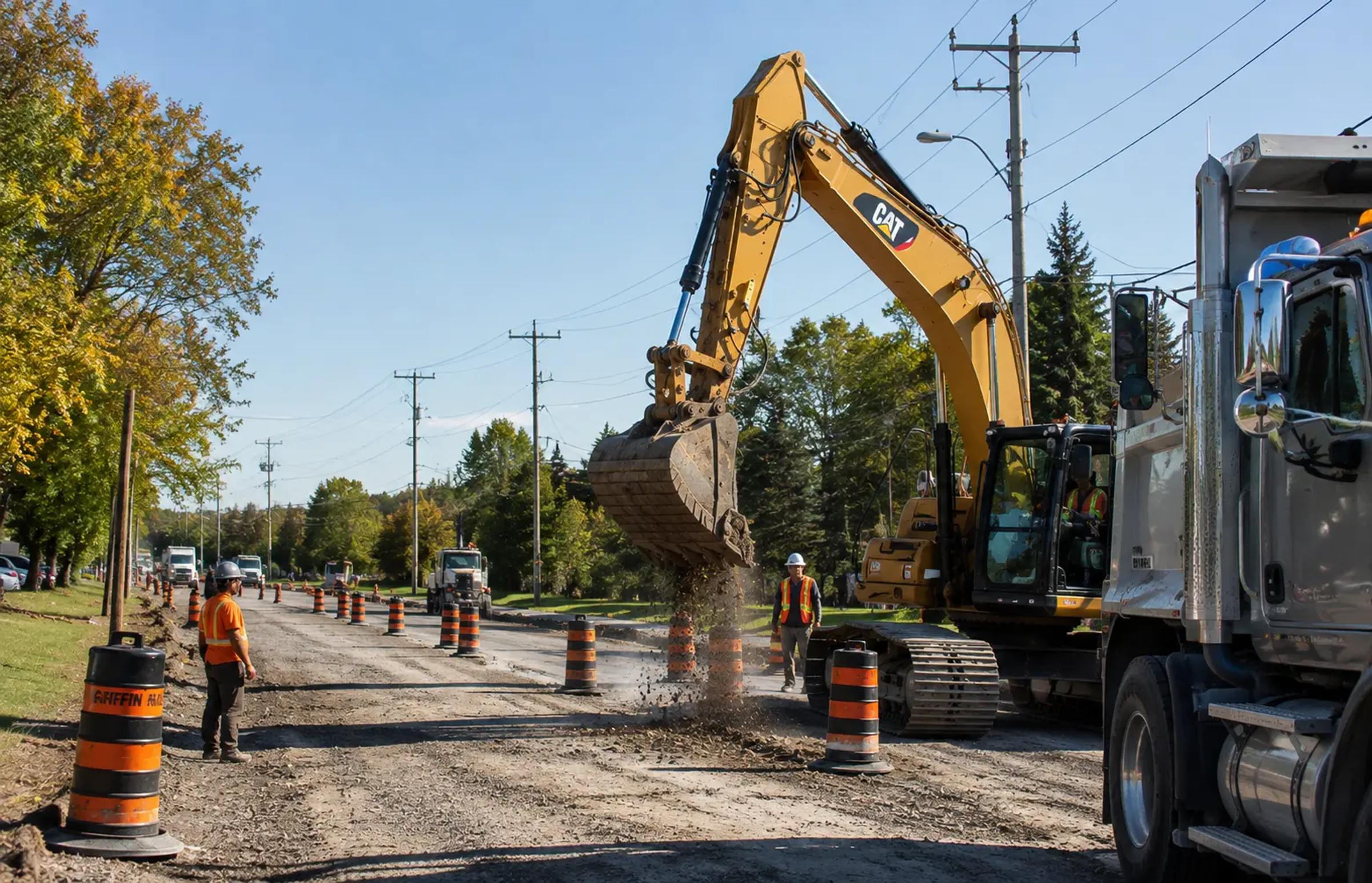 Excavator and construction crew working on a municipal road project.