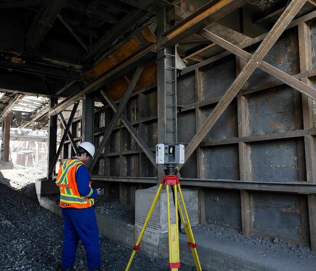 TULLOCH surveyor operating a total station beneath an industrial structure.