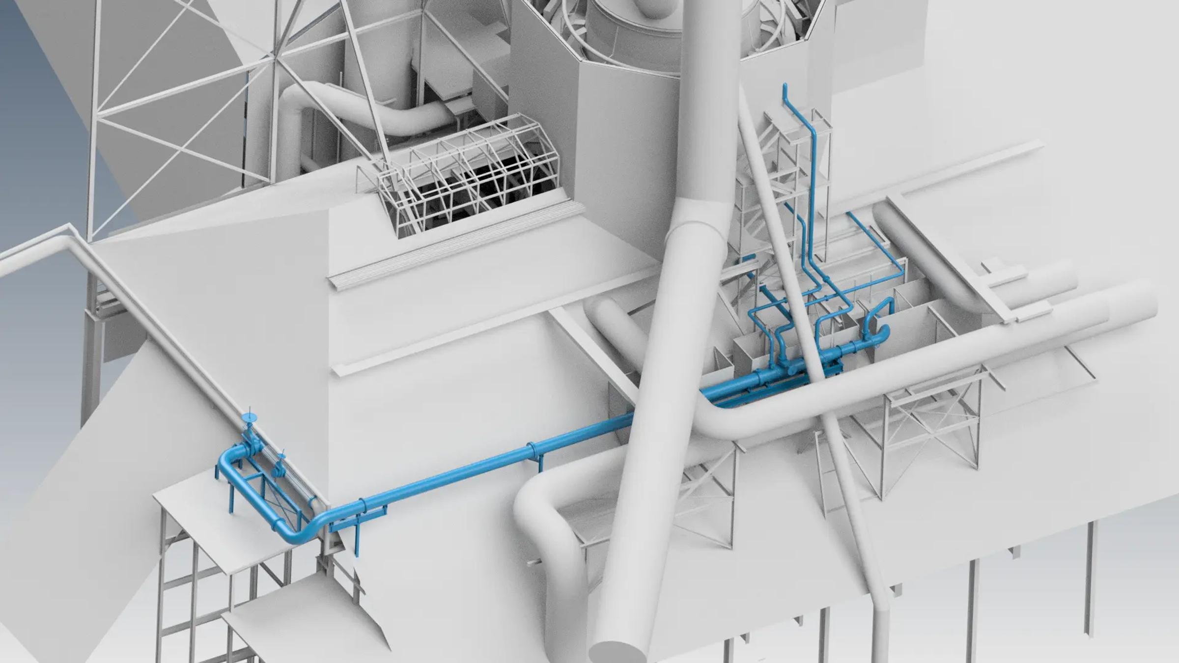3D model of the riser main and surrounding structural supports.