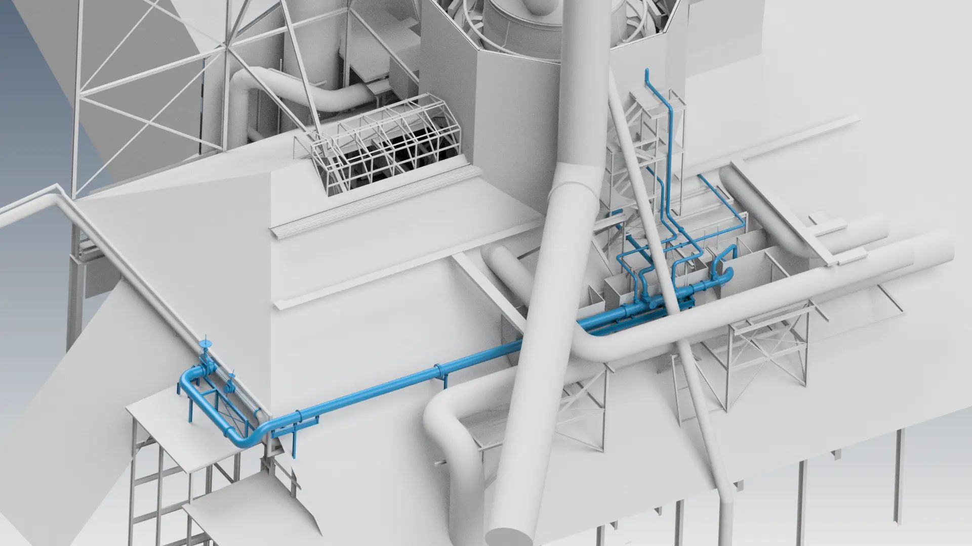 3D model of the riser main and surrounding structural supports.
