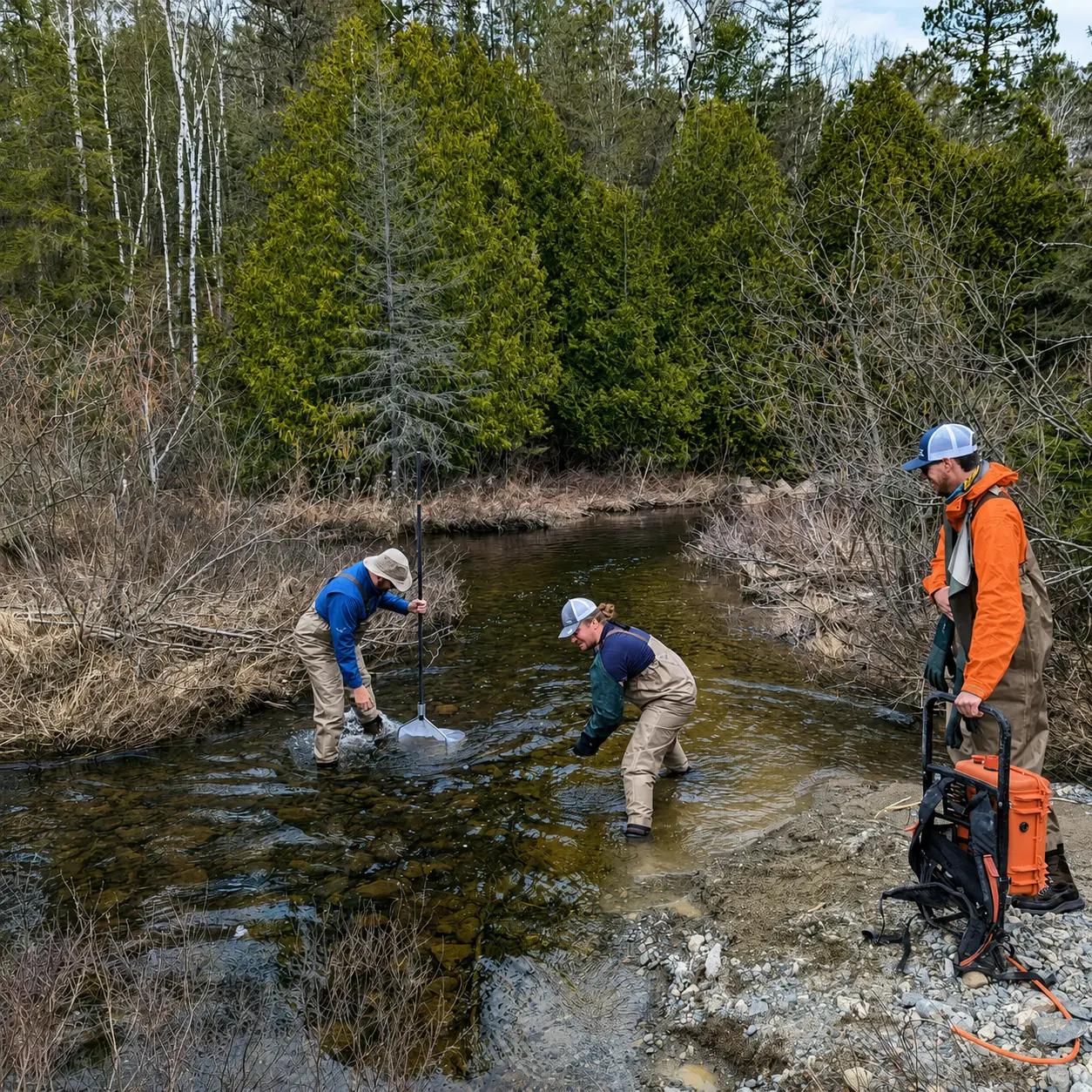 TULLOCH environmental field technicians completing monitoring beside a stream.