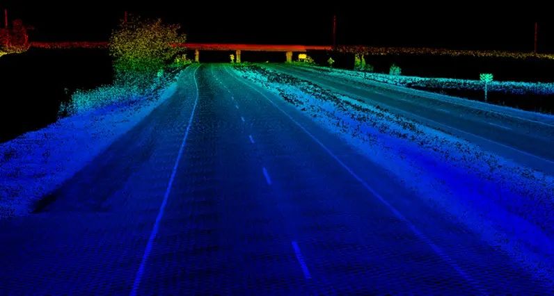 Mobile LiDAR point cloud showing a Highway 23 roadway corridor.