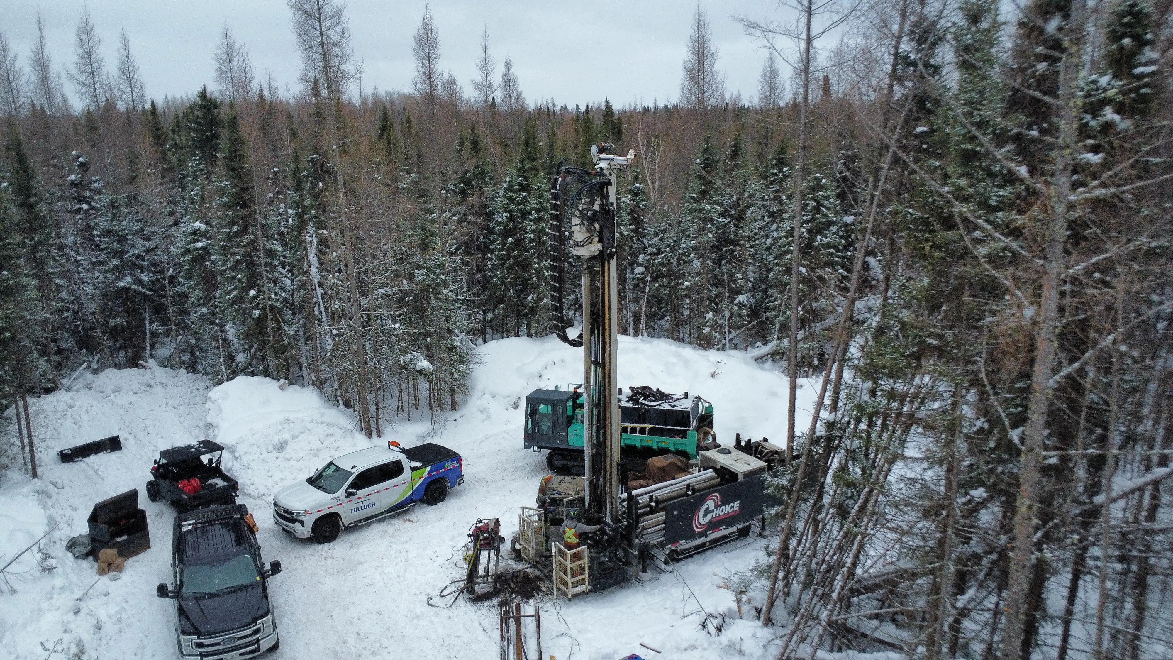 Geotechnical drilling setup in a remote wooded area at the Crawford Project near Timmins.