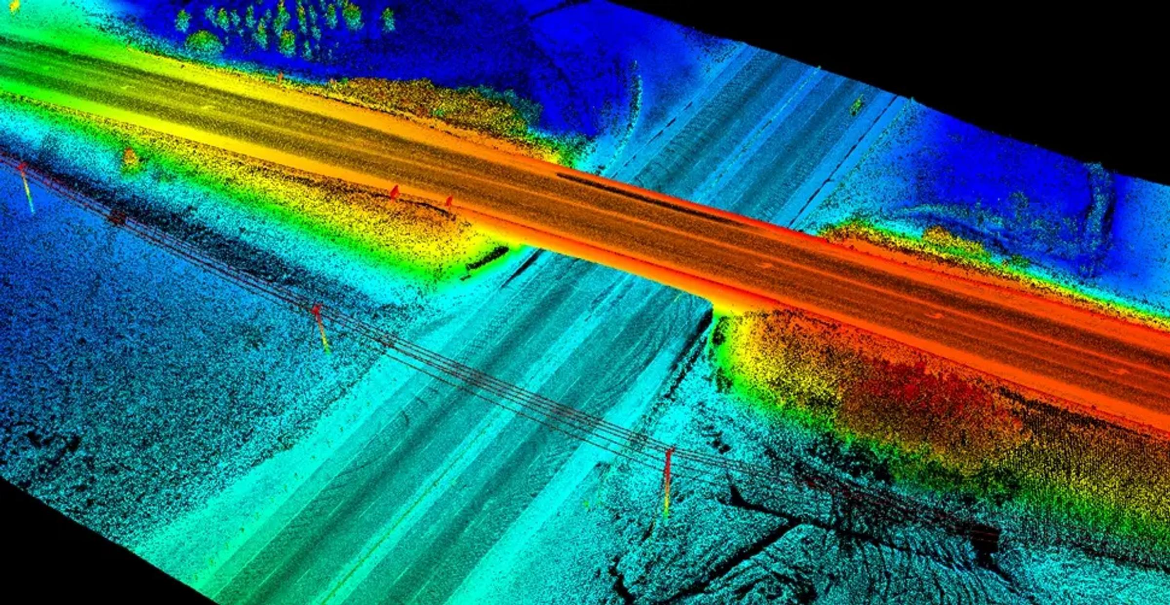 LiDAR point cloud showing a Highway 400 overpass and adjacent road surface.