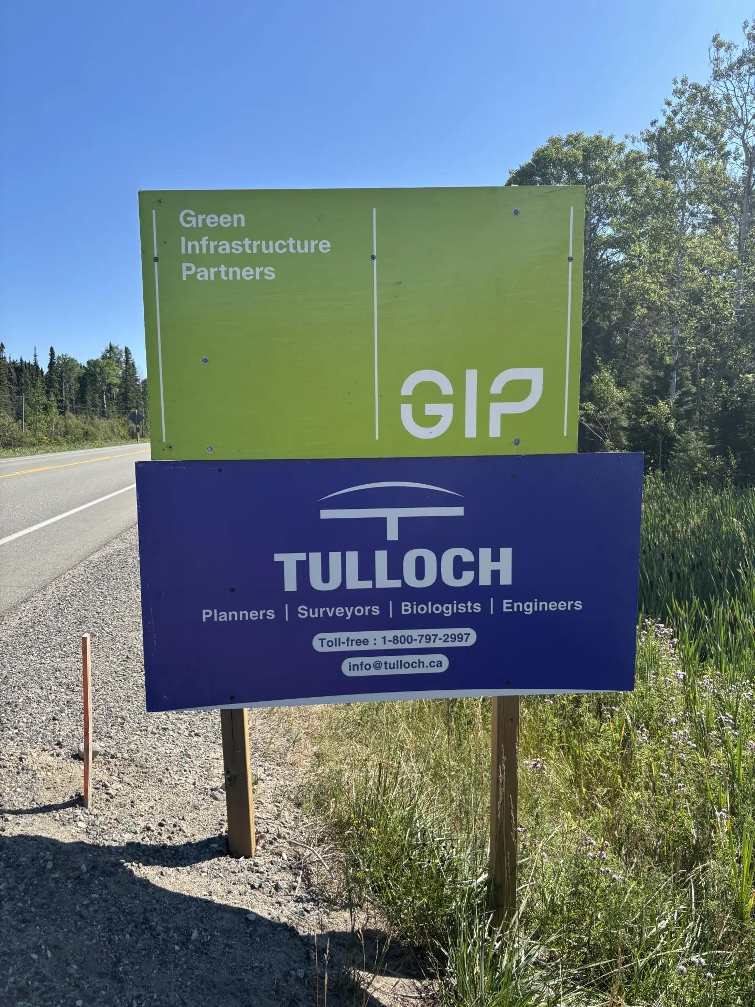 TULLOCH Highway 101 contract administration project sign near Timmins, Ontario.