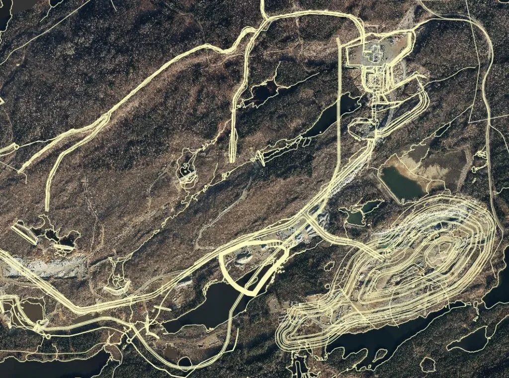 Aerial imagery of the Magino mine site and road network.