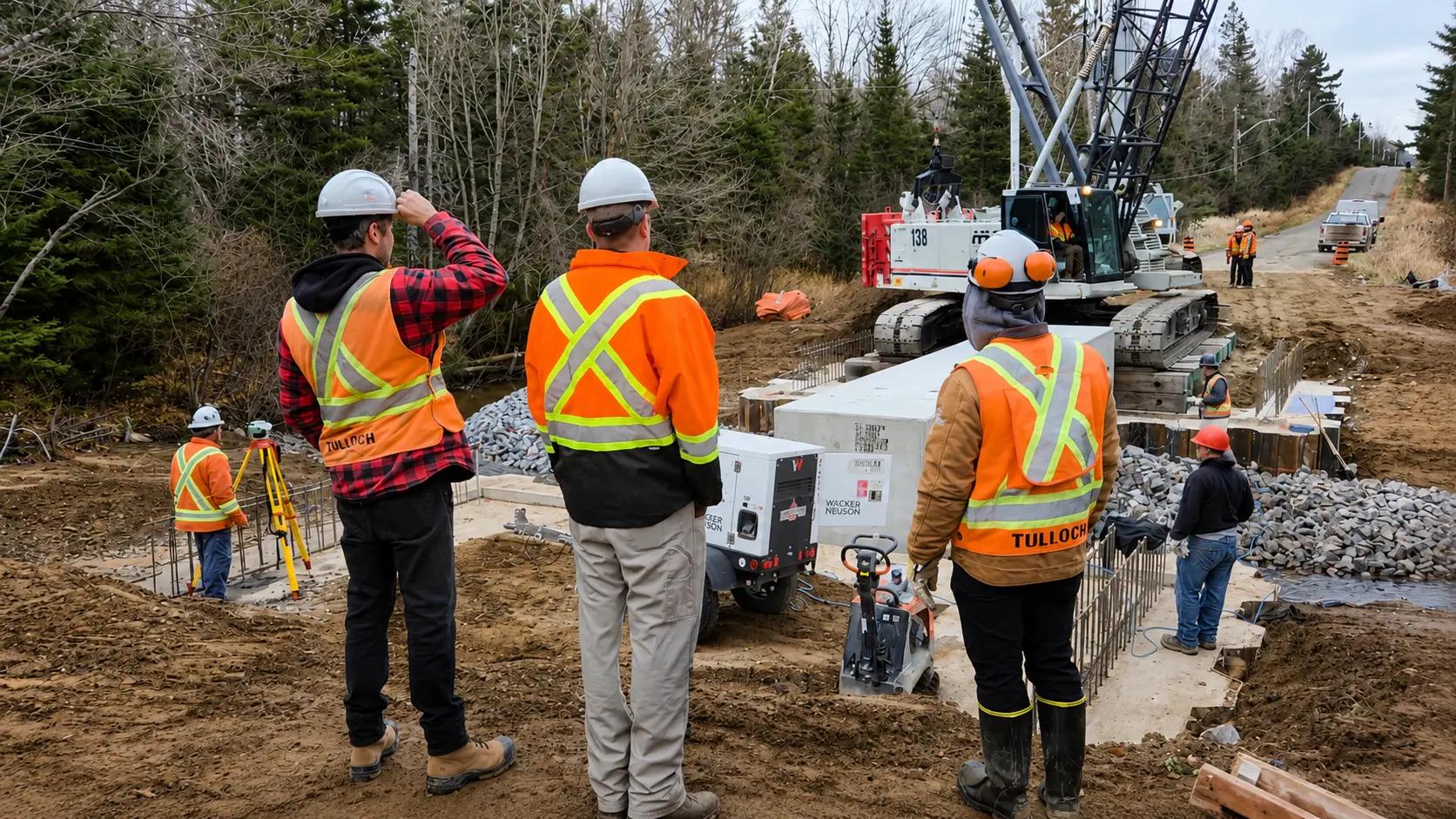 Three TULLOCH engineers watching culvert installation at Gagnon Road Bridge.
