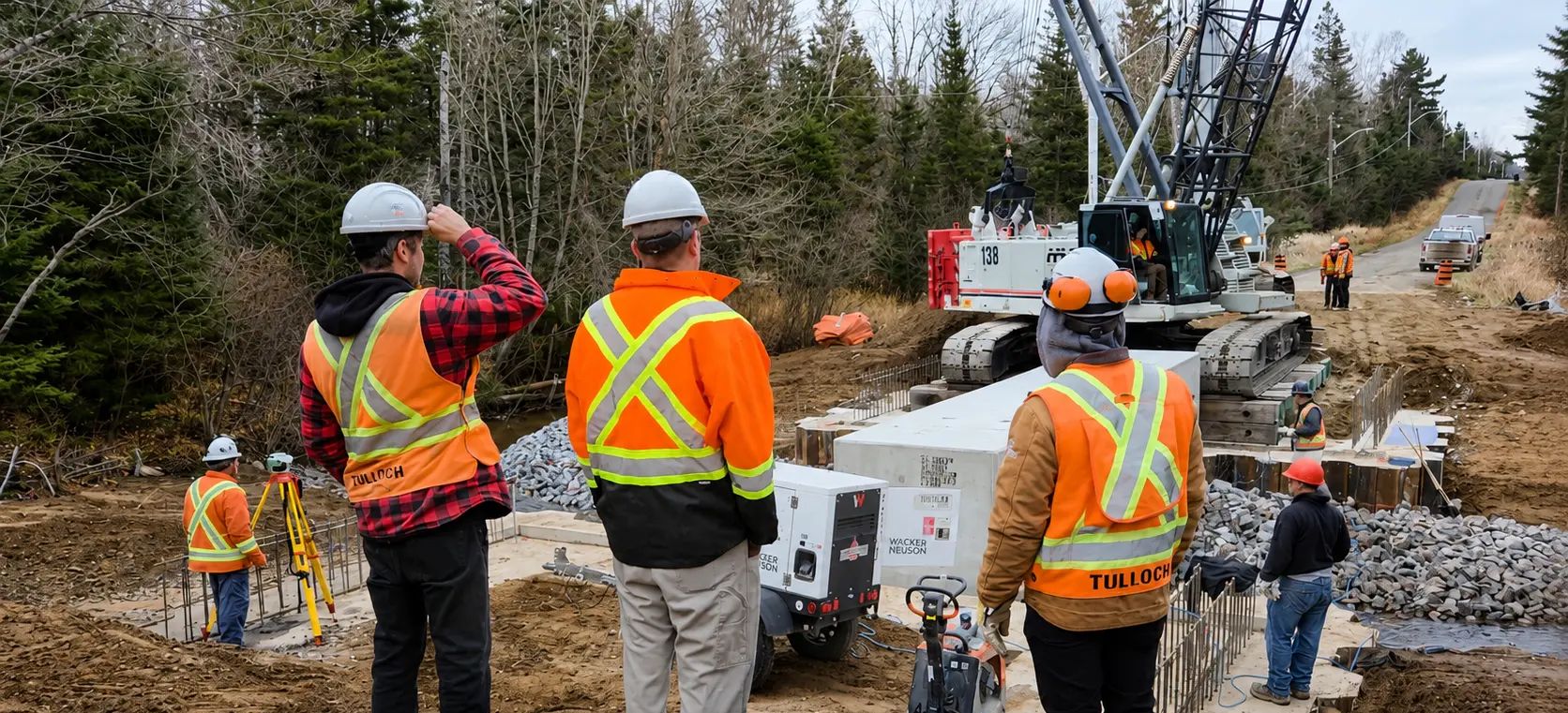 Three TULLOCH engineers watching culvert installation at Gagnon Road Bridge.