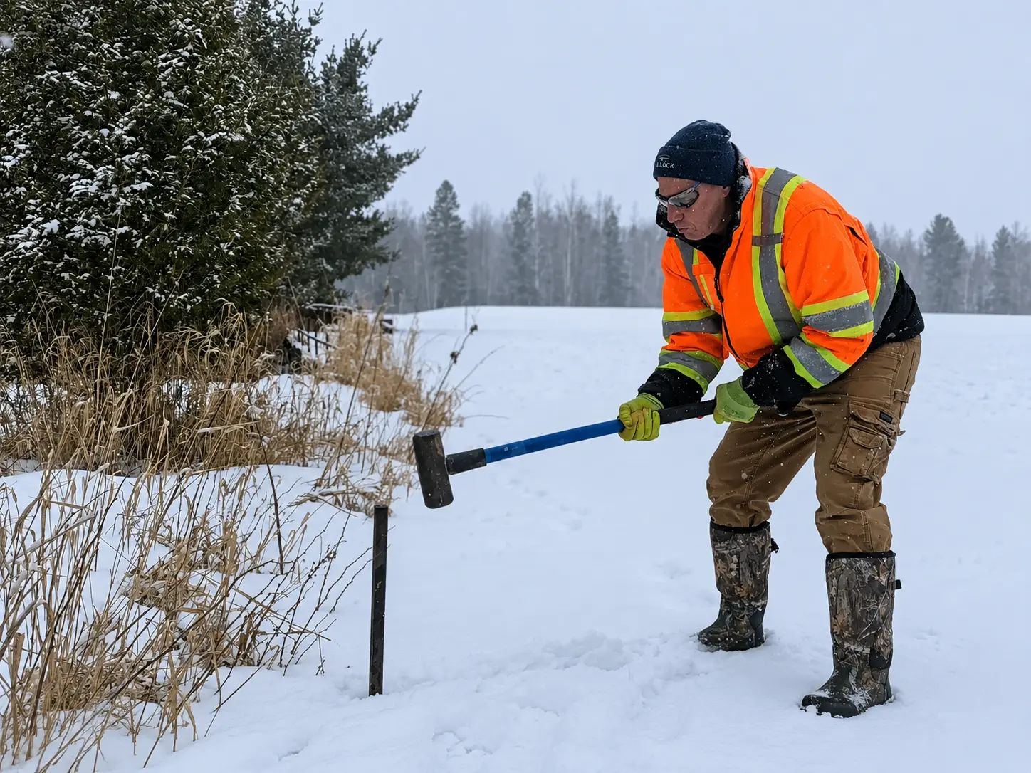 TULLOCH land surveyor setting or locating a survey marker in winter.