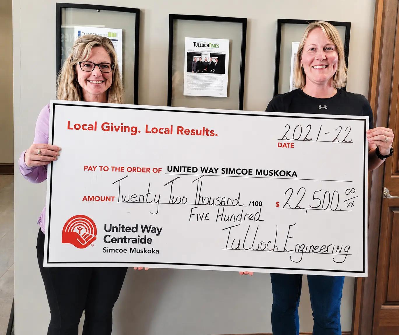 TULLOCH staff with large cheque donation to United Way.