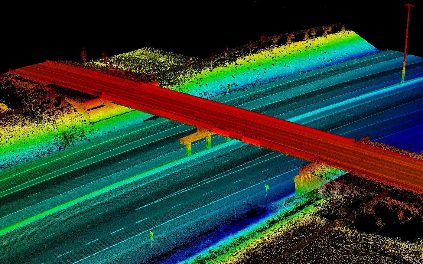 LiDAR point cloud of a highway overpass and surrounding roadway.