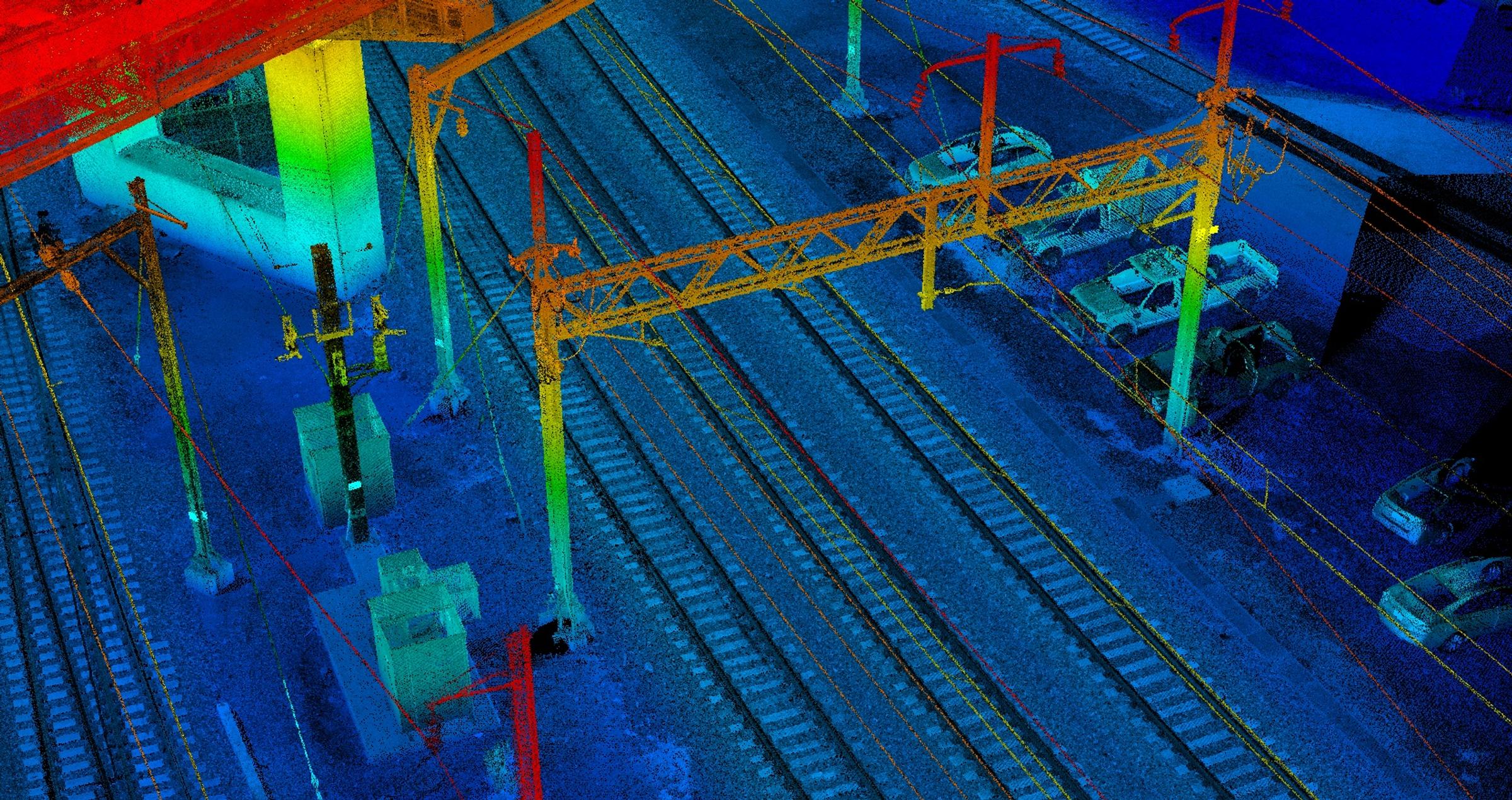 Colourized LiDAR point cloud showing rail signal and track infrastructure on a SEPTA corridor.